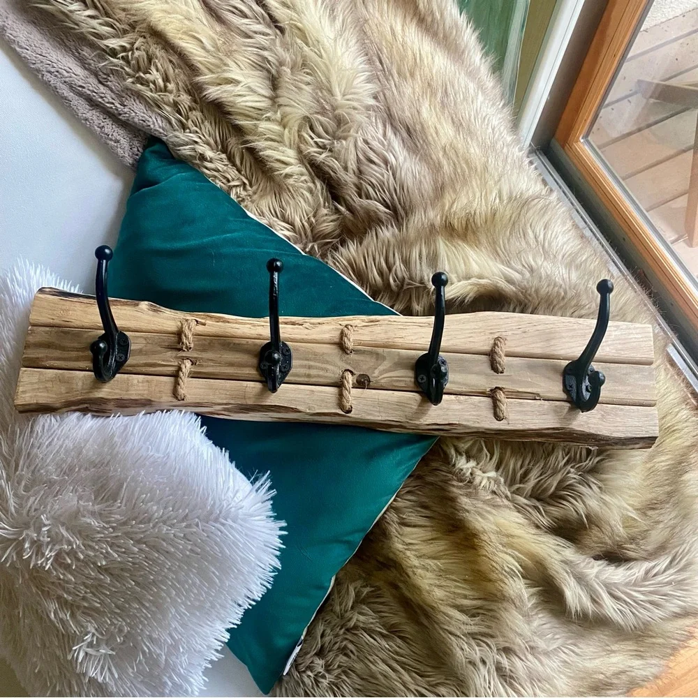 Hand Crafted Natural Live Edge Wood, w/5 Wrought Iron Hooks, & Jute rope.